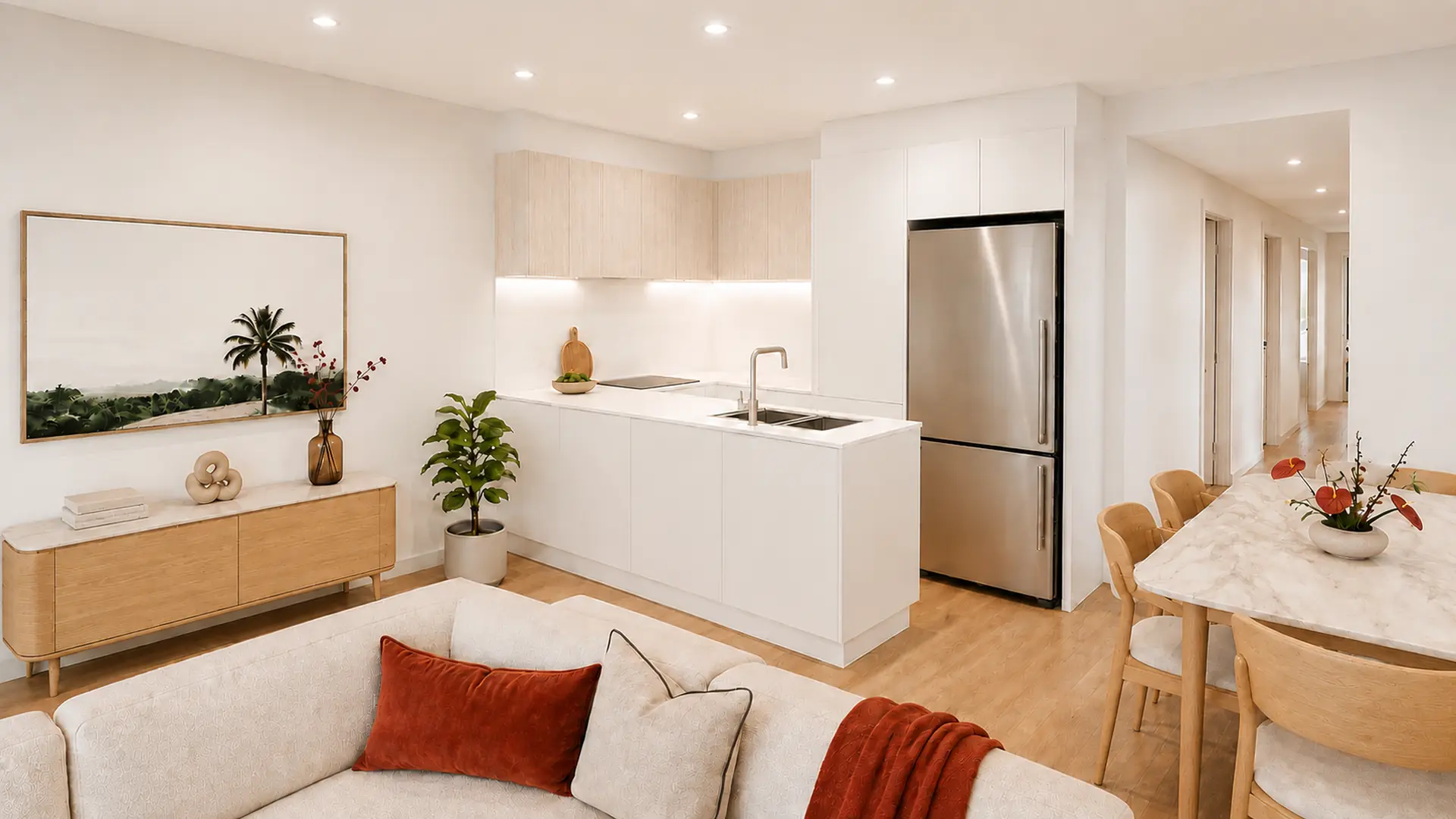 Artist's impression of the Dwelling 4 kitchen, dining and living area
