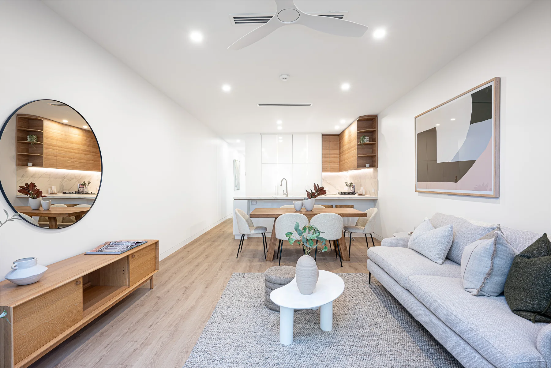 Illustrative contemporary open-plan kitchen, dining and living room